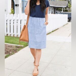 J. Crew Factory Blue and White Striped Cotton-Linen Midi Skirt Size XXS